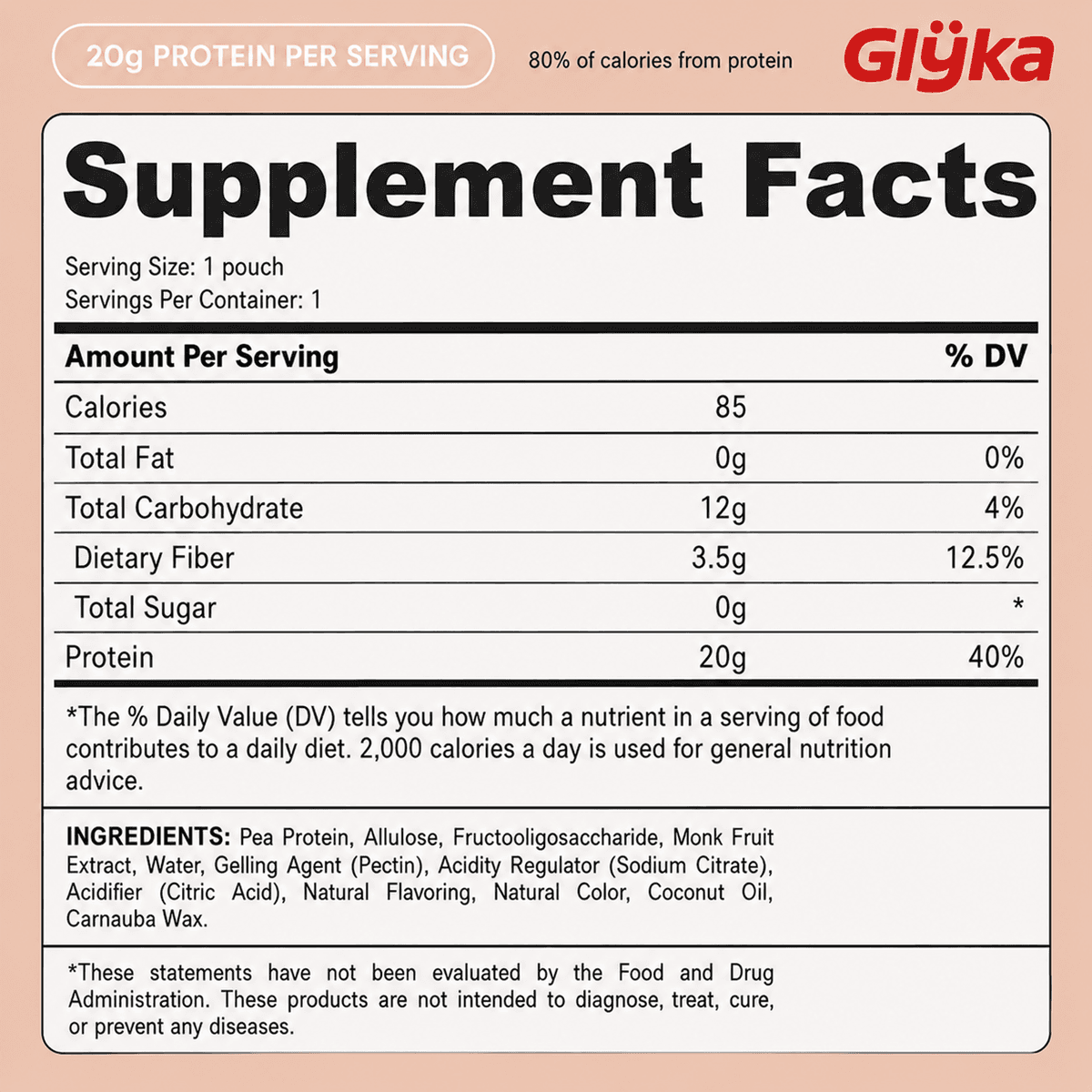 Glÿka supplement facts label, 20g protein per serving